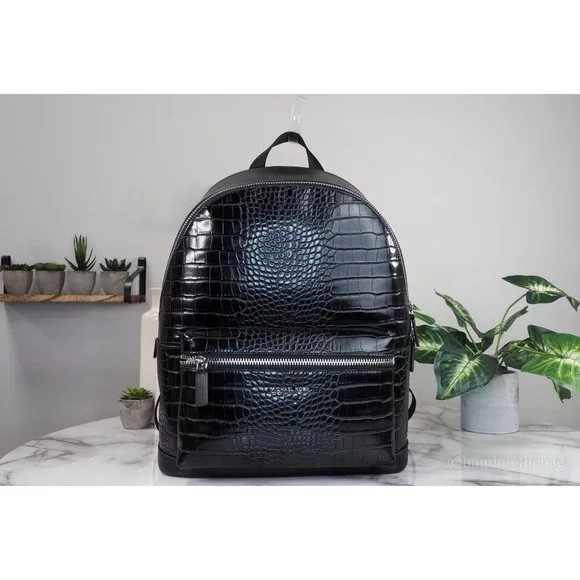 NWT Michael Kors Men's Cooper Crocodile Black Embossed Leather Shoulder Backpack - Picture 2 of 8